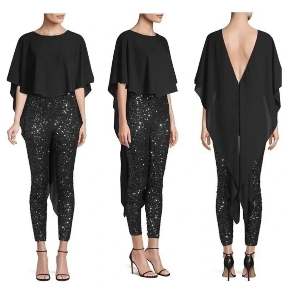 BCBG Max Azria Sequin Black Silver Sequin High- Low Jumpsuit Size xxs